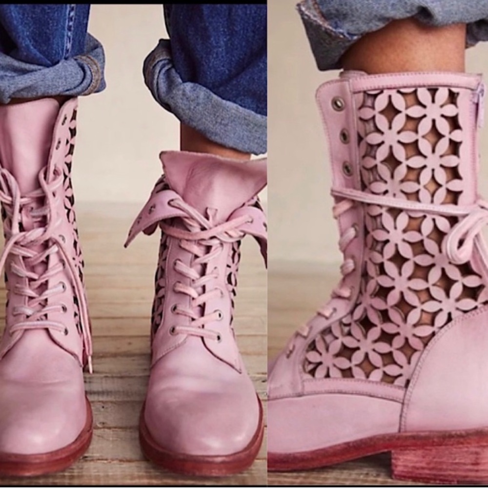 Free People Flower Power Lace-up Festival Ankle Boots Pink Combat Sz 36 US 6 - Picture 16 of 16